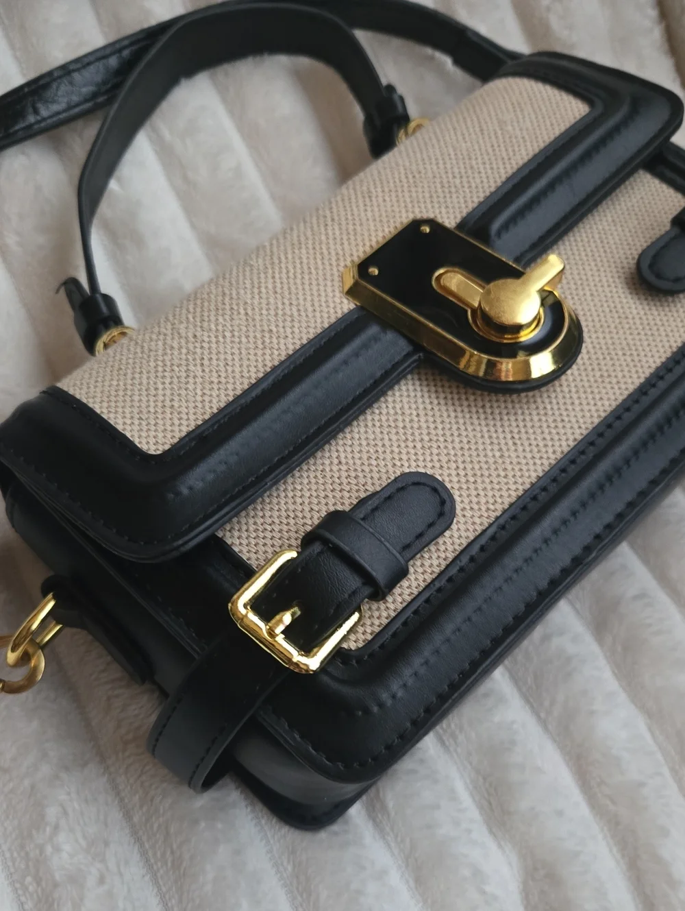Black & Cream Structured Crossbody Bag with Gold Hardware